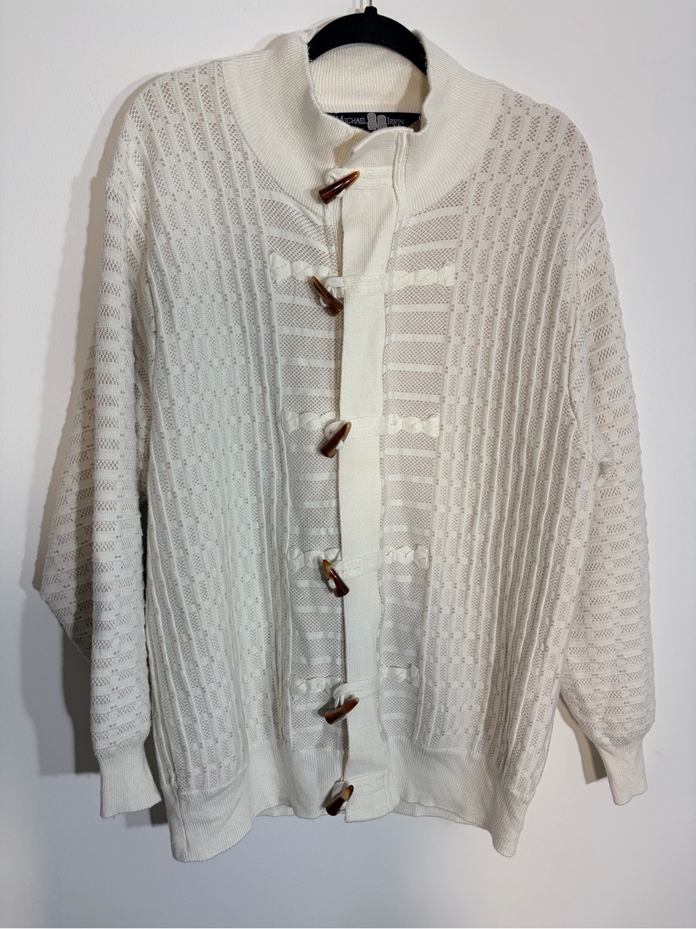 Vintage Michael Irvin Cream Knit Toggle Cardigan Textured Knit Sweater for Men